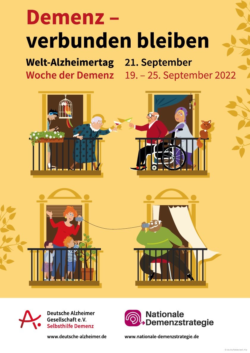 Plakat für den Welt-Alzheimer Tag der Deutschen Alzheimer Gesellschaft e.V. (DAlzG). Das Motto: "Demenz - verbunden bleiben". 