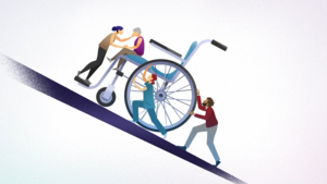 Symbolbild (gezeichnet): Eine Gruppe von Menschen schiebt einen Rollstuhl eine schräge Oberfläche hinauf. In dem Rollstuhl befindet sich eine hochaltrige Person. 