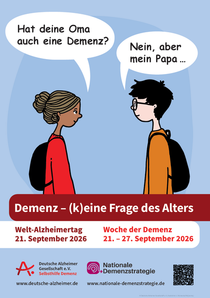 Poster zum Welt-Alzheimertag 2026 - Motto: "Demenz - (k)eine Frage des Alters"