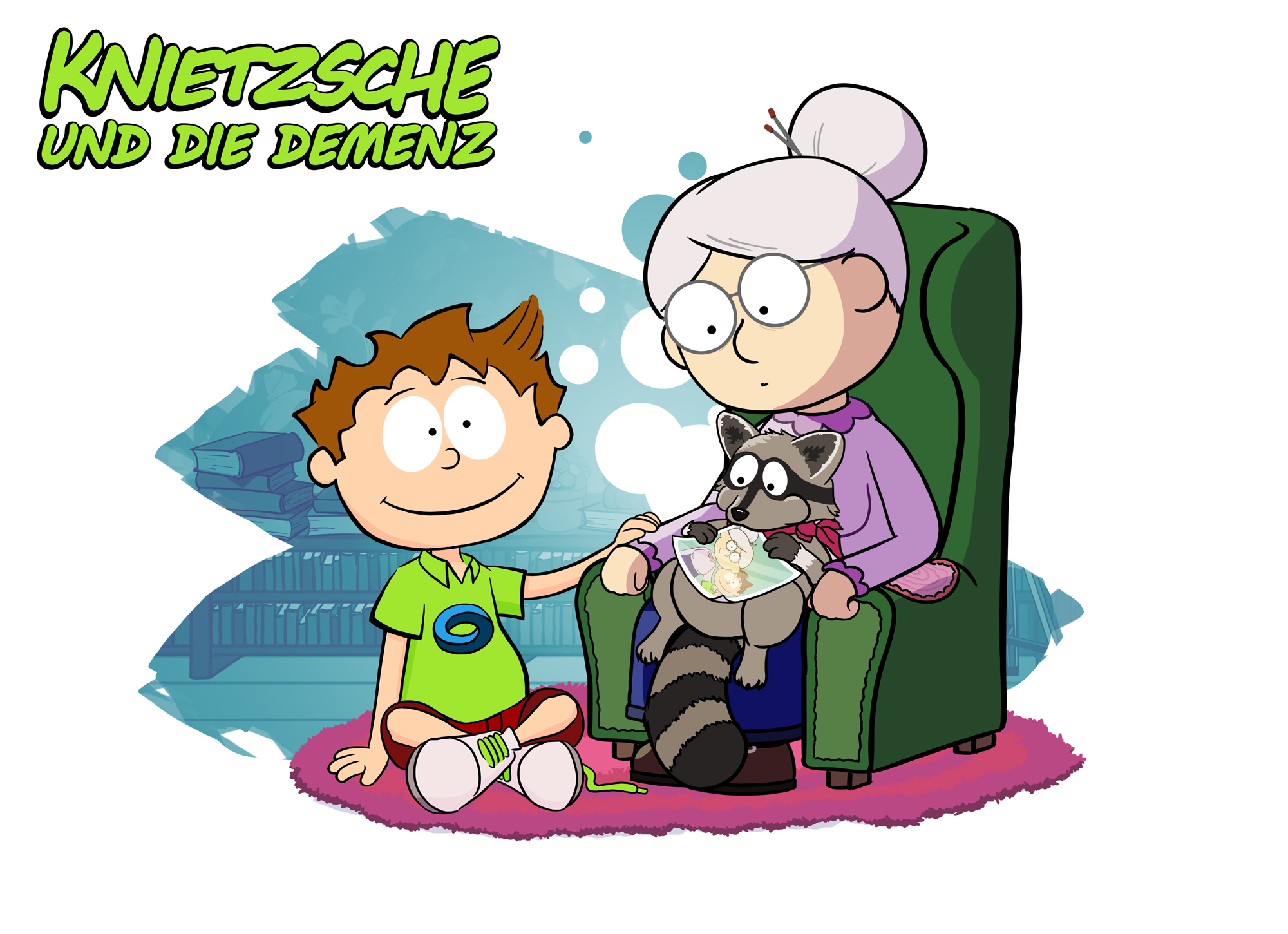 Vorschaubild des Online-Ratgebers für Kinder "Knietzsche". "Knietzsche" sitzt auf dem Boden, seine Oma auf einem Sessel neben ihm. 