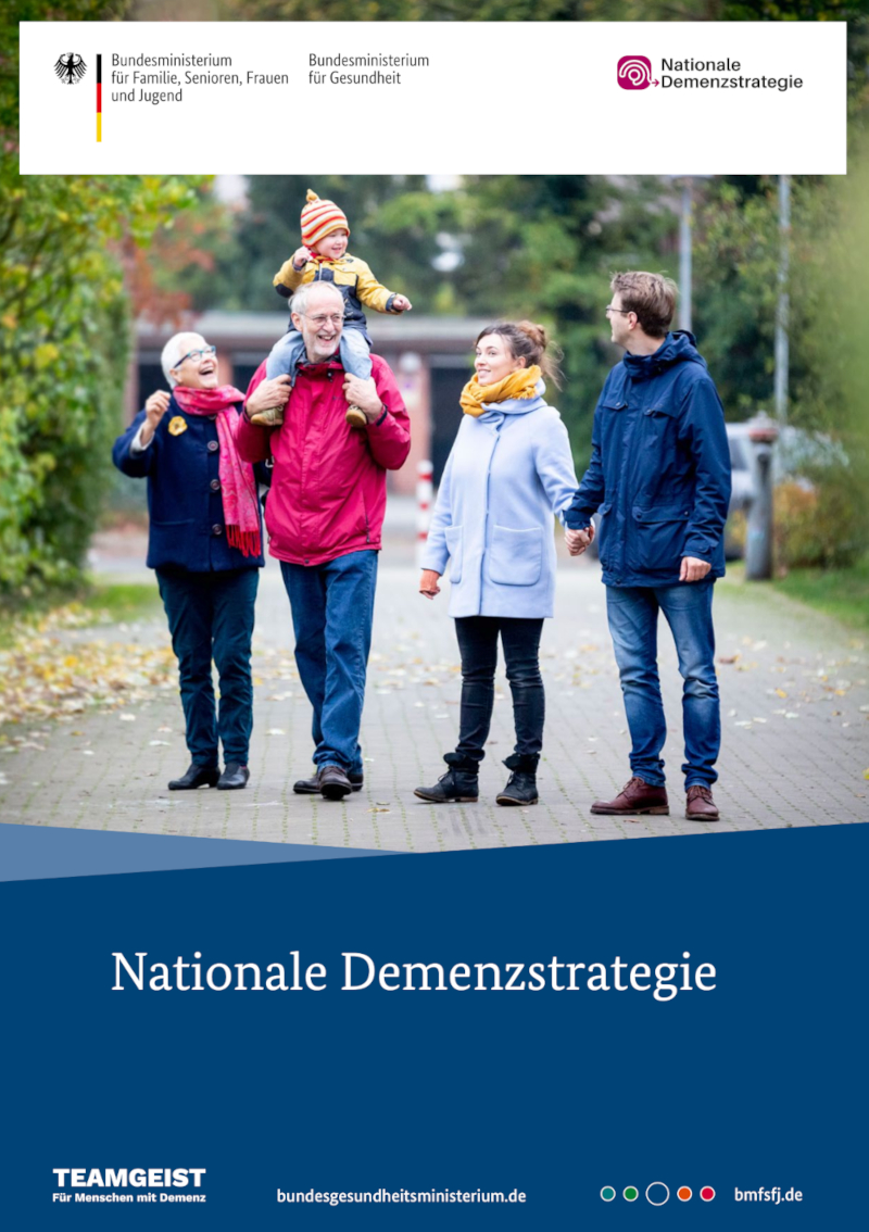 Cover of the National Dementia Strategy. Young parents and grandparents walking together. A laughing toddler sits on the grandfather's shoulders.