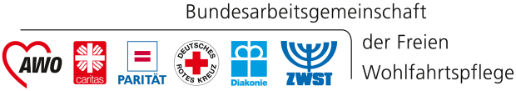 Logo der Bundesarbeitsgemeinschaft der Freien Wohlfahrtspflege. Abgebildet sind die Logos der kooperierenden Partner:innen. Zu ihnen gehören: AWO, Caritas, Parität, Deutsches Rotes Kreuz, Diakonie und Zentralwohlfahrtsstelle der Juden in Deutschland